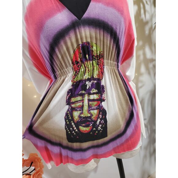 Vtg Rampage Y2K V-Neck Babydoll Batwing Sleeve Top Size S Tribal Tiki Mask Aztec - Picture 2 of 10